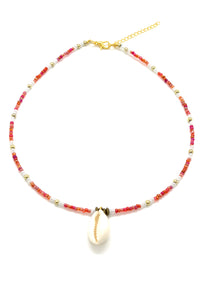 Short necklace multi-red with natural shell