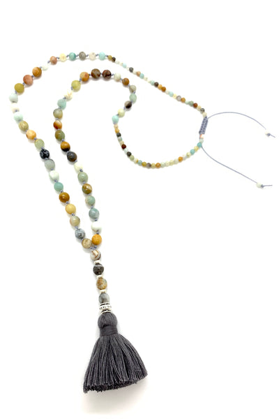 Long necklace with mineral beads & tassel